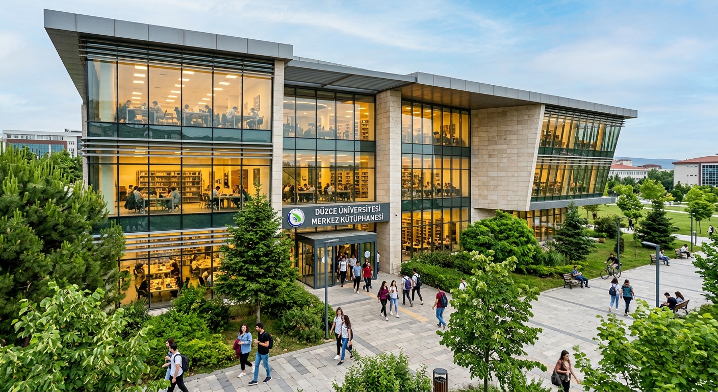 Düzce University main library building, modern architecture with large glass windows, students studying inside, green trees surrounding the entrance