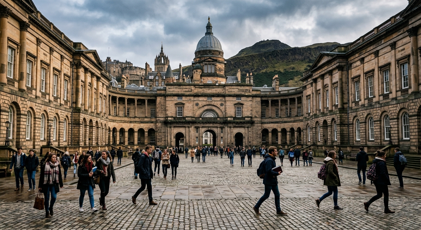 Historic University of Edinburgh Old College quadrangle with classical stone architecture, students walking across cobblestoned courtyard, Edinburgh skyline with Arthur's Seat visible in the background, overcast Scottish sky