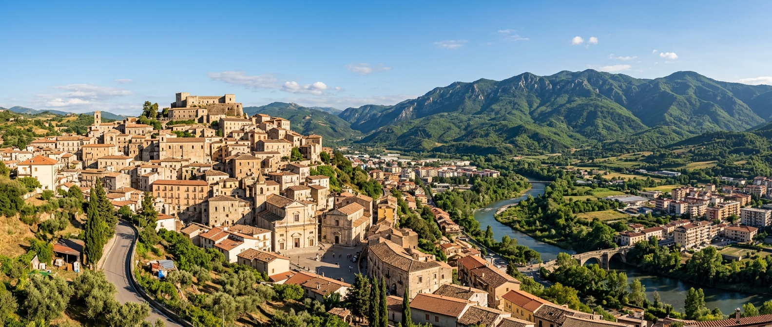 Panoramic view of Cosenza old town and Crati river valley in Calabria, Southern Italy, historic buildings, green mountains in background, warm Mediterranean light, blue sky