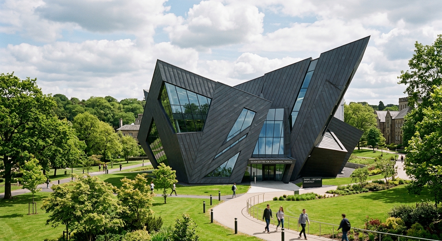 Modern Ogden Centre for Fundamental Physics building designed by Daniel Libeskind, angular contemporary architecture with dark cladding against green campus landscape