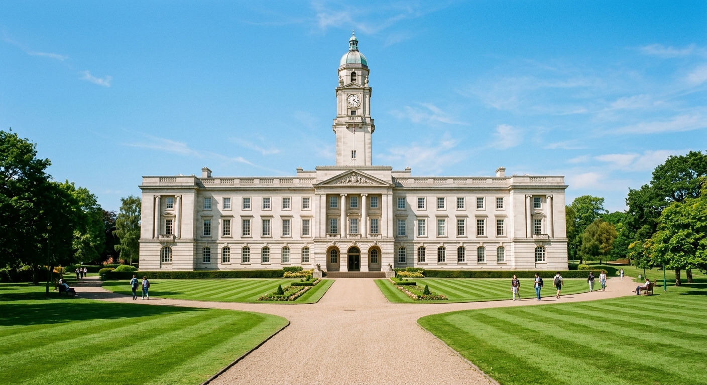 University of Nottingham iconic Trent Building with its neo-classical Portland stone facade, clock tower, and manicured lawns in front, clear blue sky