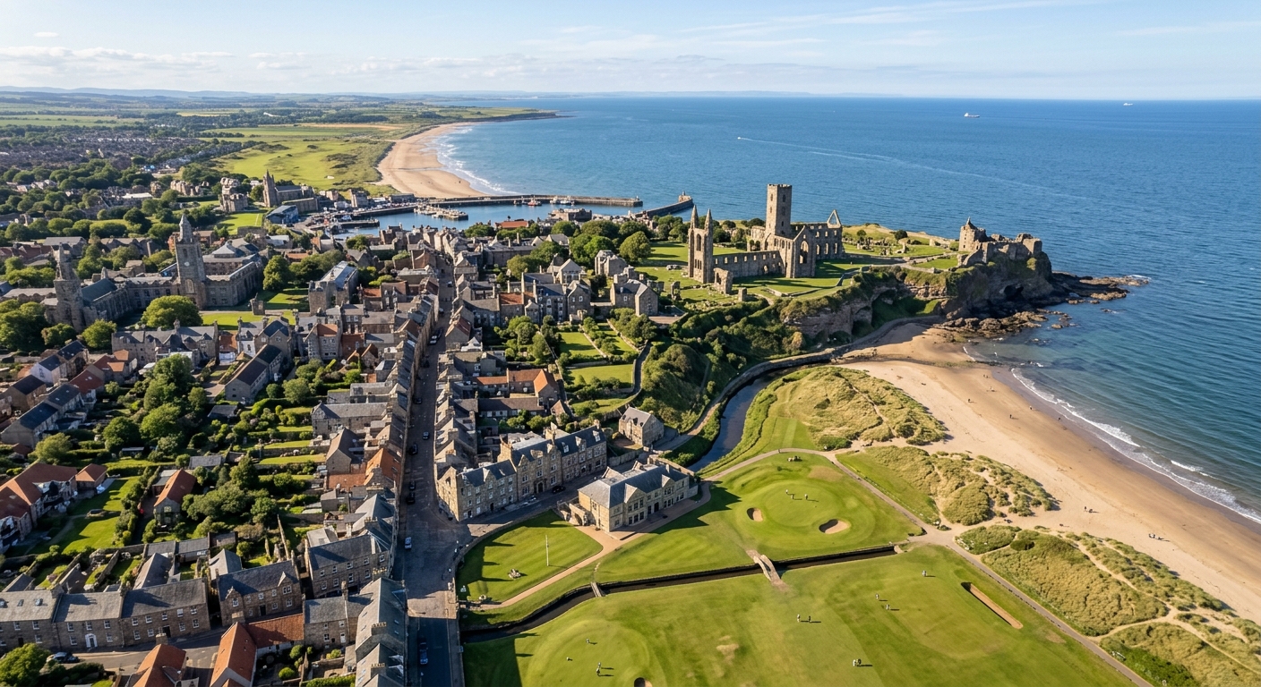 Aerial view of the town of St Andrews Scotland showing the medieval street layout, ruined cathedral and castle on the coastline, golden sandy beaches, the Old Course golf links, and the North Sea stretching to the horizon