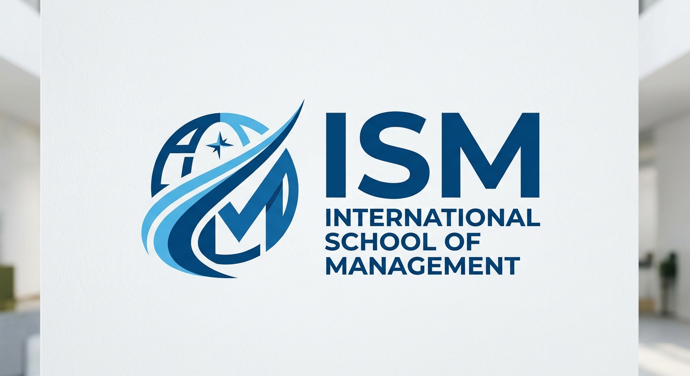 International School of Management ISM logo, blue and white color scheme, clean modern typography with ISM acronym