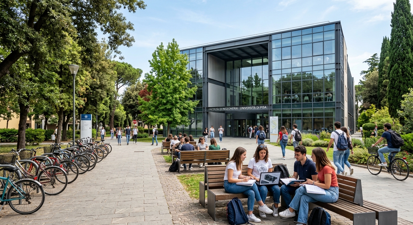 Modern engineering faculty building at University of Pisa with glass facade, students studying on outdoor benches, bicycles parked along tree-lined pathways