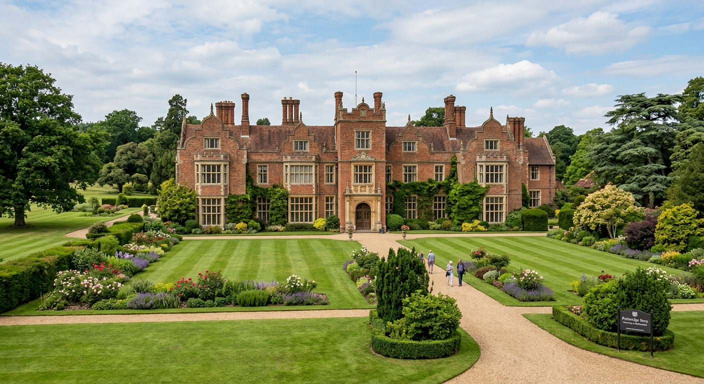 Putteridge Bury neo-Elizabethan mansion, University of Bedfordshire, landscaped gardens, historic country house, green lawns, English heritage architecture