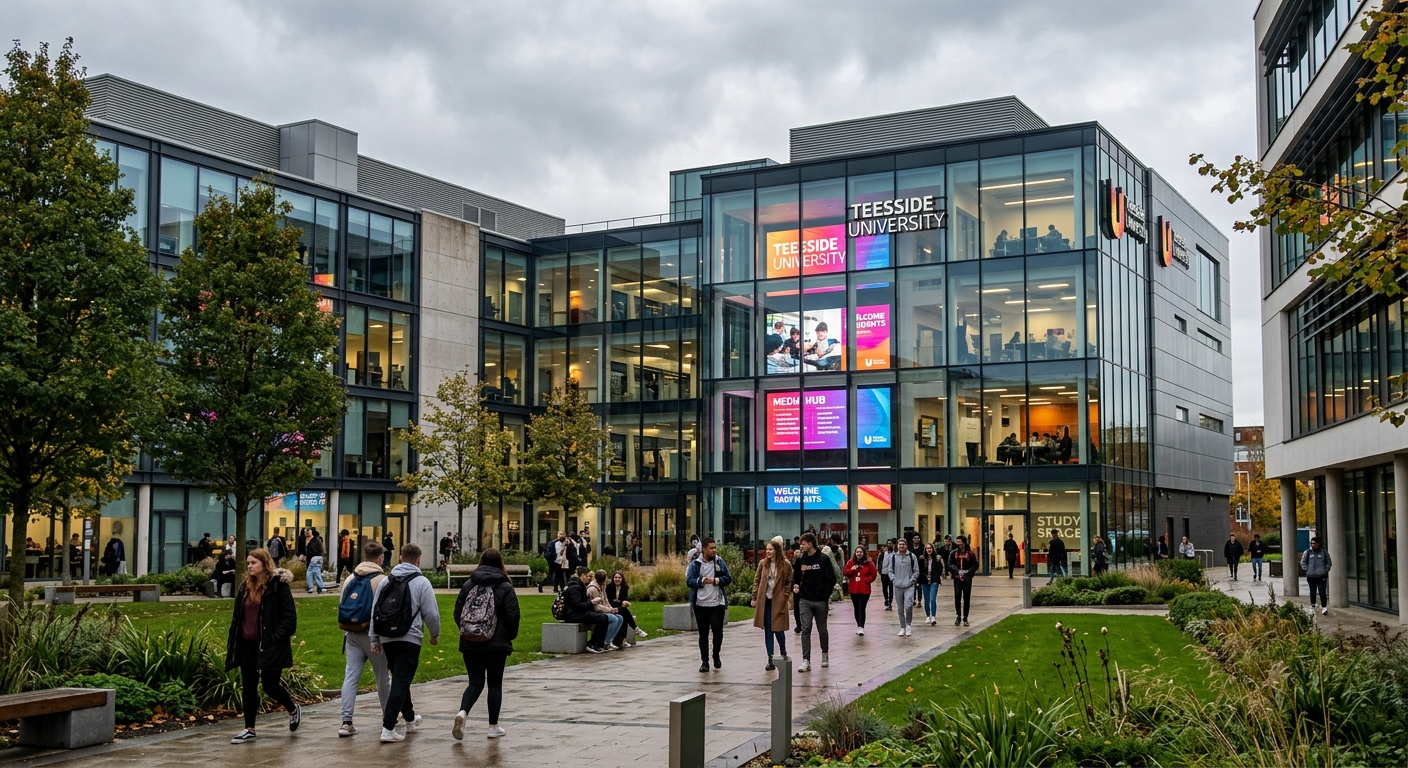 Modern Teesside University campus in Middlesbrough, North East England, with contemporary glass and steel buildings, students walking through a landscaped courtyard, digital media screens visible through large windows, overcast British sky
