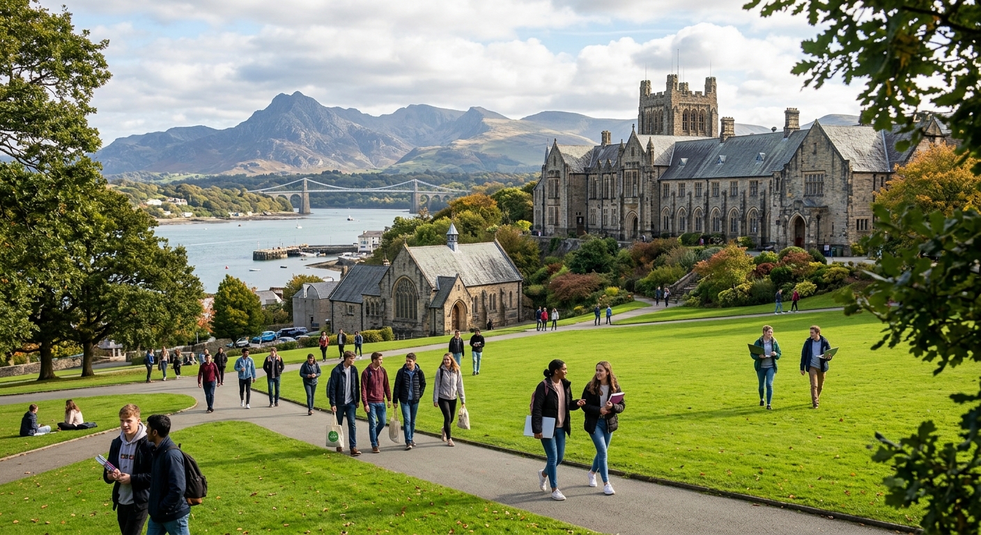 Bangor University campus with historic stone buildings set against the backdrop of Snowdonia mountains and the Menai Strait, students walking across green lawns with laptops and books