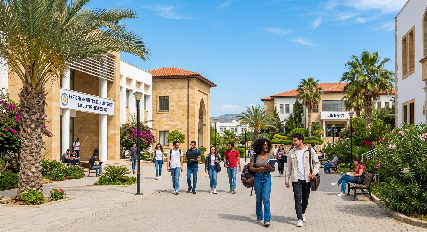 Modern university campus in Famagusta, Northern Cyprus with Mediterranean architecture, palm trees, and international students walking between faculty buildings under a clear blue sky