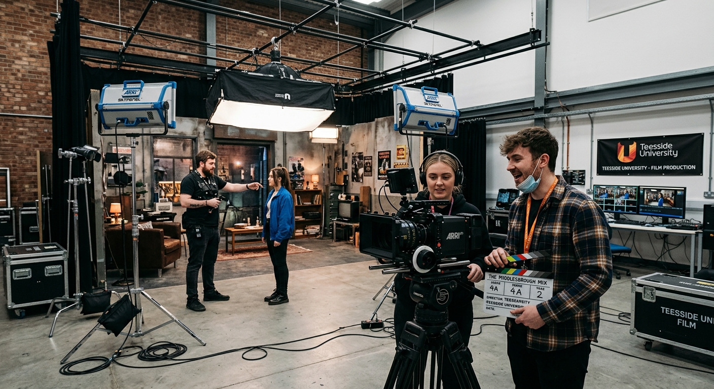 Teesside University campus in Middlesbrough, modern film production studio with professional camera equipment, lighting rigs, and students collaborating on a film set, industrial creative atmosphere