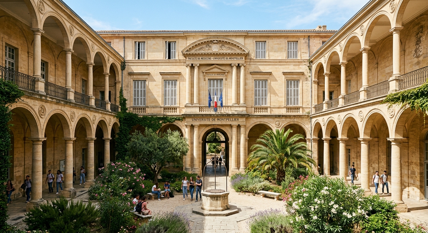 Historic Faculty of Medicine building of Université de Montpellier, classical stone architecture with arched entrance, sunny courtyard, and Mediterranean vegetation
