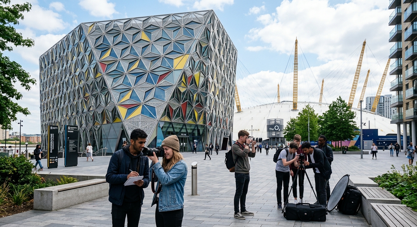 Modern Ravensbourne University London campus building on Greenwich Peninsula with distinctive geometric facade, photography students working with professional cameras near the O2 Arena, bright daylight, creative urban environment