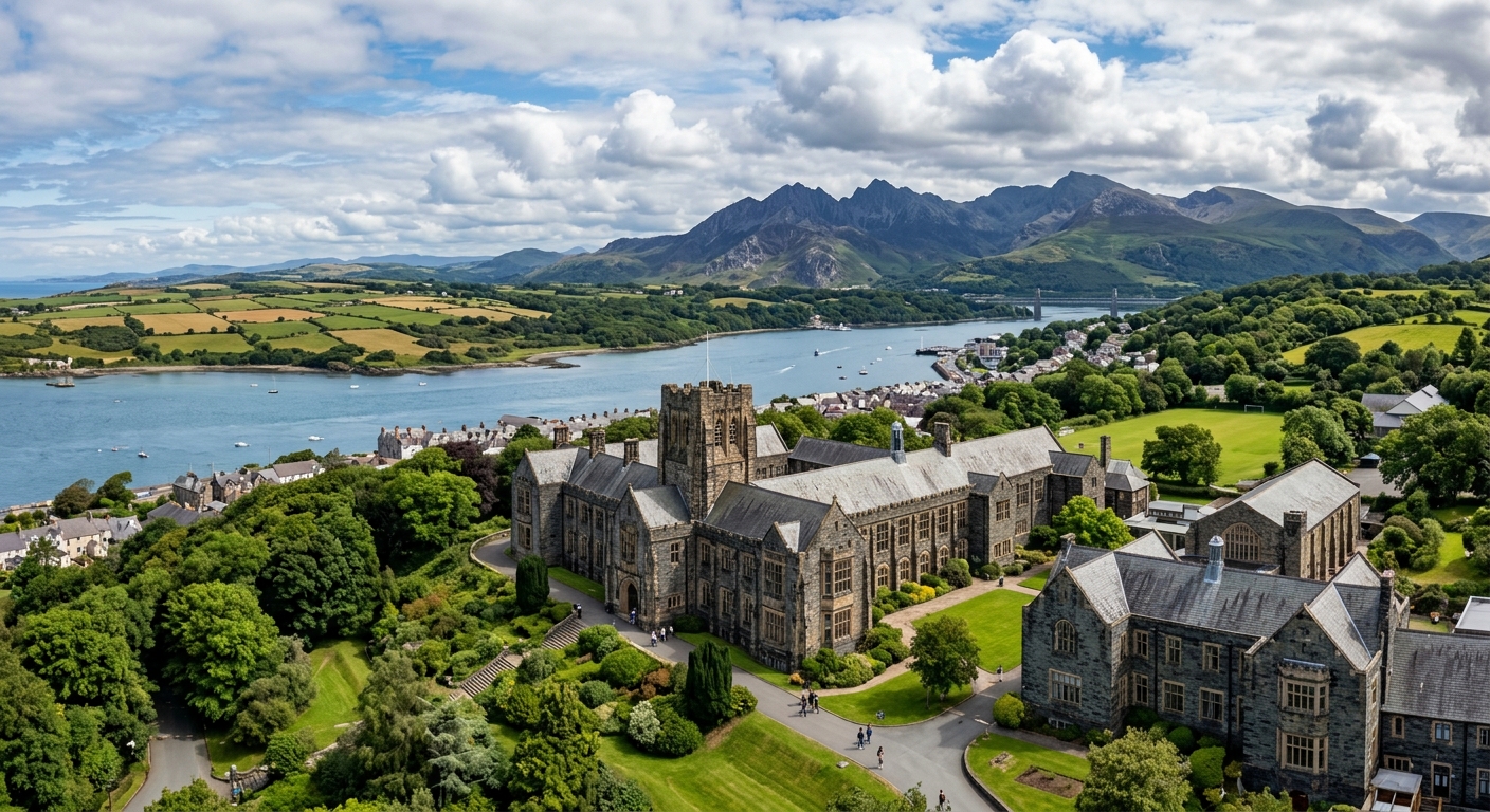 Bangor University campus nestled between Snowdonia mountains and the Menai Strait in North Wales, historic stone buildings surrounded by lush green landscapes with mountains in the background