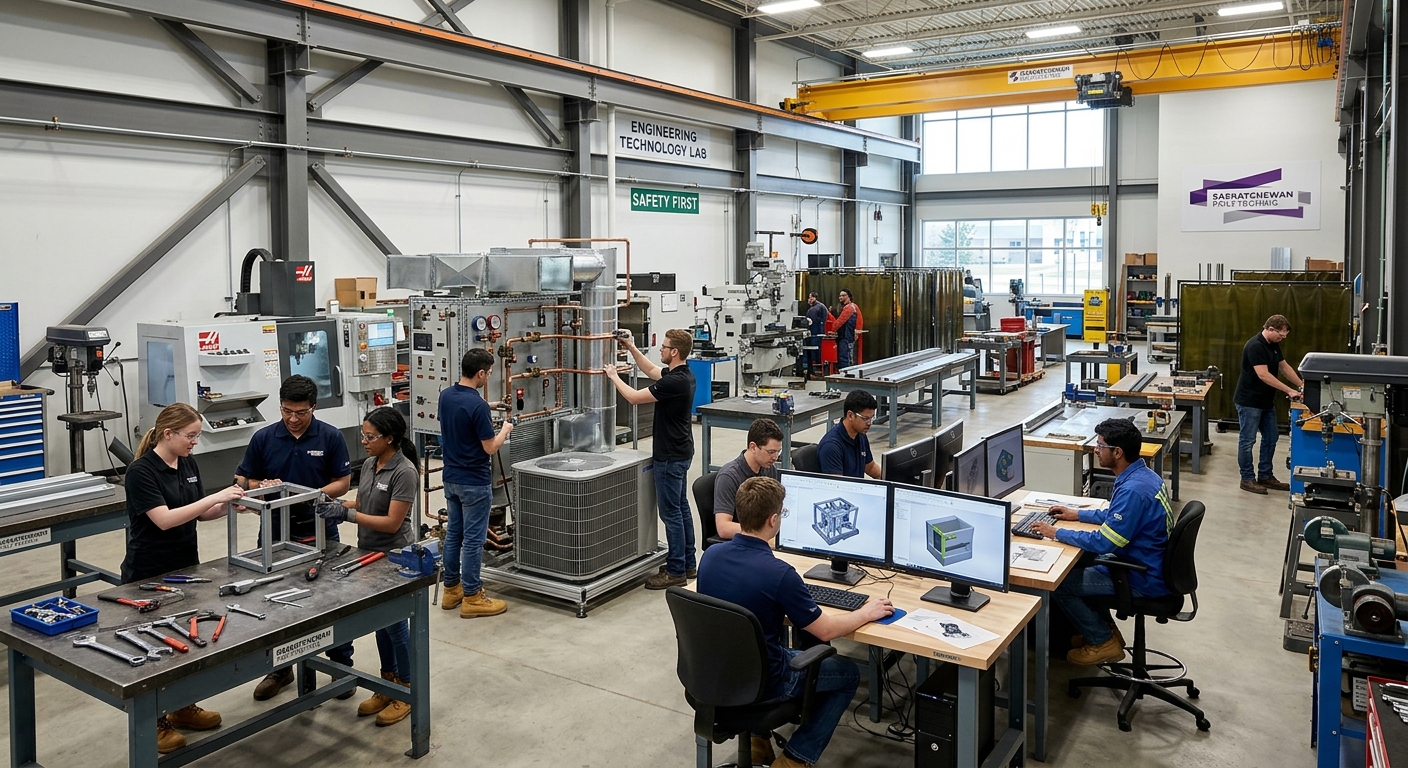 Modern polytechnic engineering workshop with students working on mechanical equipment, HVAC systems, and CAD workstations, industrial tools and machinery visible, bright overhead lighting in a spacious lab at Saskatchewan Polytechnic Saskatoon campus