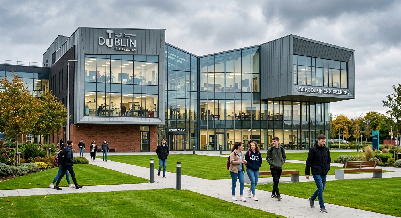 Modern TU Dublin Blanchardstown campus building with engineering laboratories, students walking across a green courtyard, contemporary Irish university architecture with glass facades under overcast Dublin sky