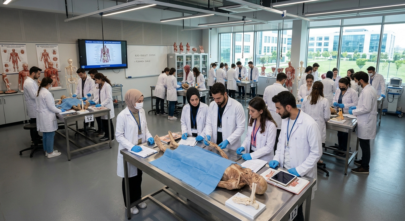 Modern anatomy laboratory at Istanbul Okan University with anatomical models, dissection tables, and medical students studying human specimens under bright laboratory lighting, Tuzla campus Istanbul
