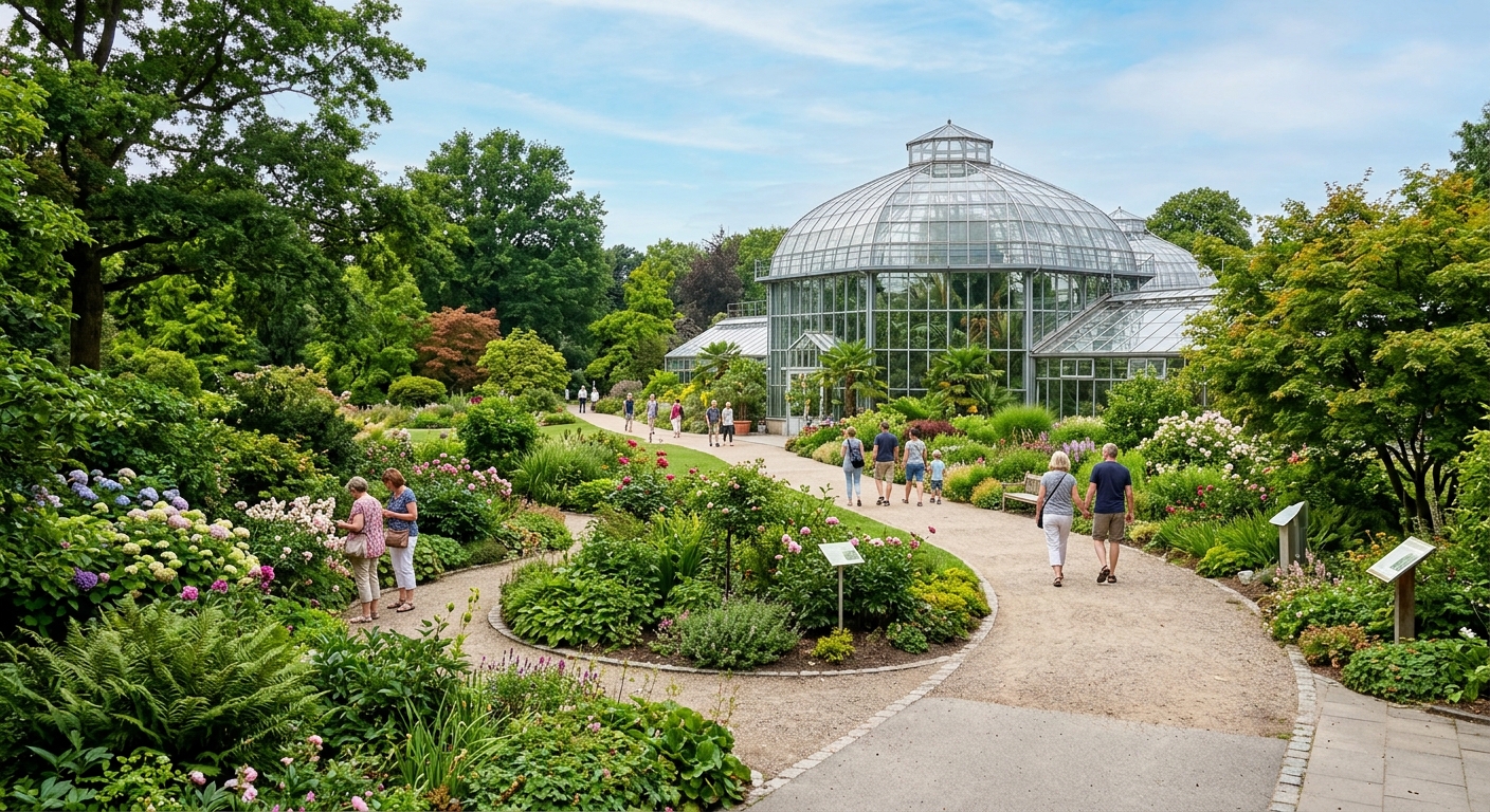 Loki Schmidt Botanical Garden at University of Hamburg, lush green plants and flowers, winding garden paths, glass greenhouse in background, visitors exploring the grounds