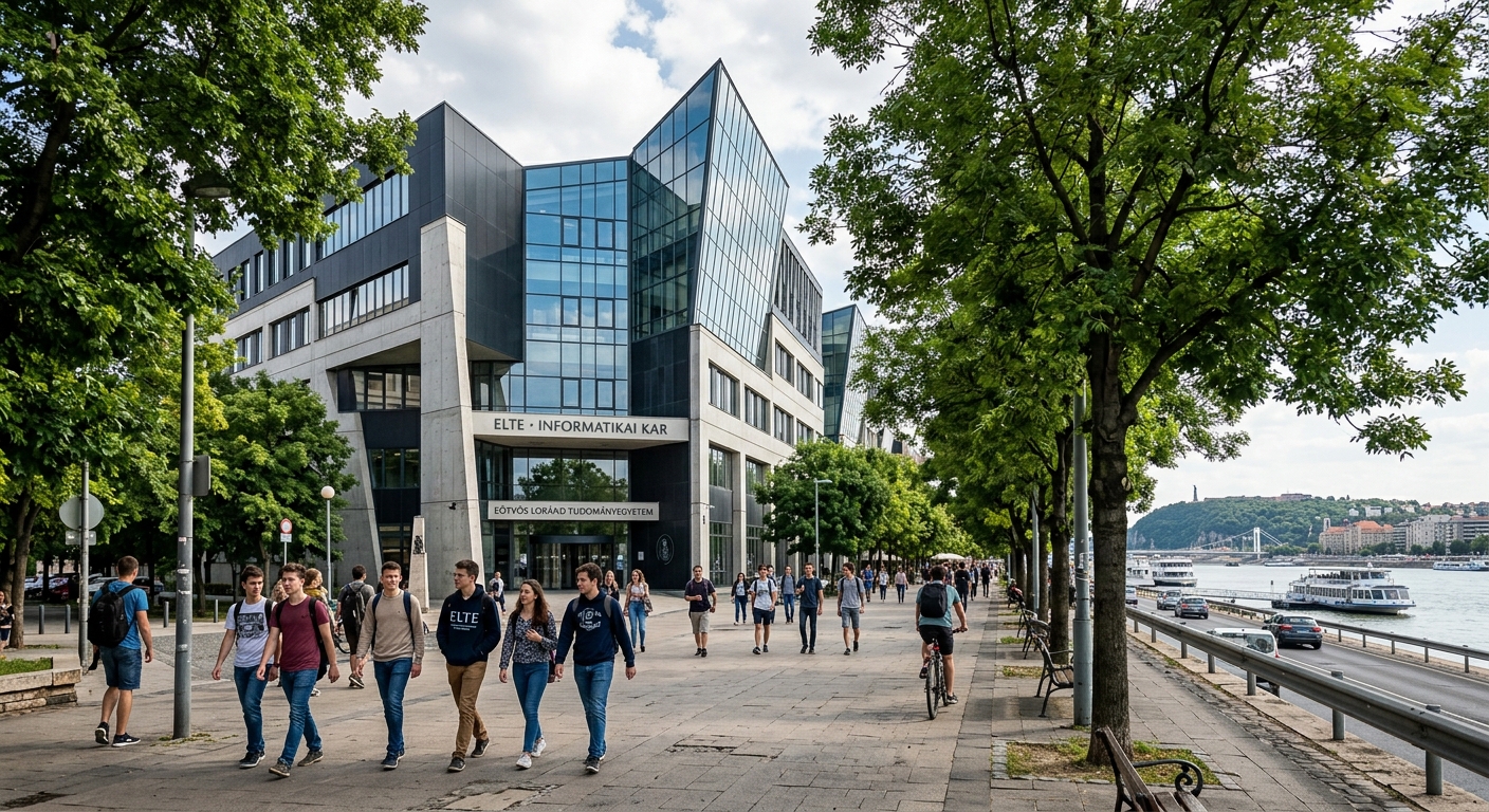 Modern Faculty of Informatics building at Eötvös Loránd University in Budapest, Hungary, with students walking along tree-lined Pázmány Péter promenade near the Danube river, contemporary glass and concrete architecture