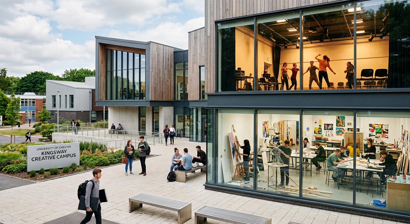 University of Chester Kingsway Creative Campus, modern art studios, performance spaces, students working on creative projects, contemporary building design with large windows