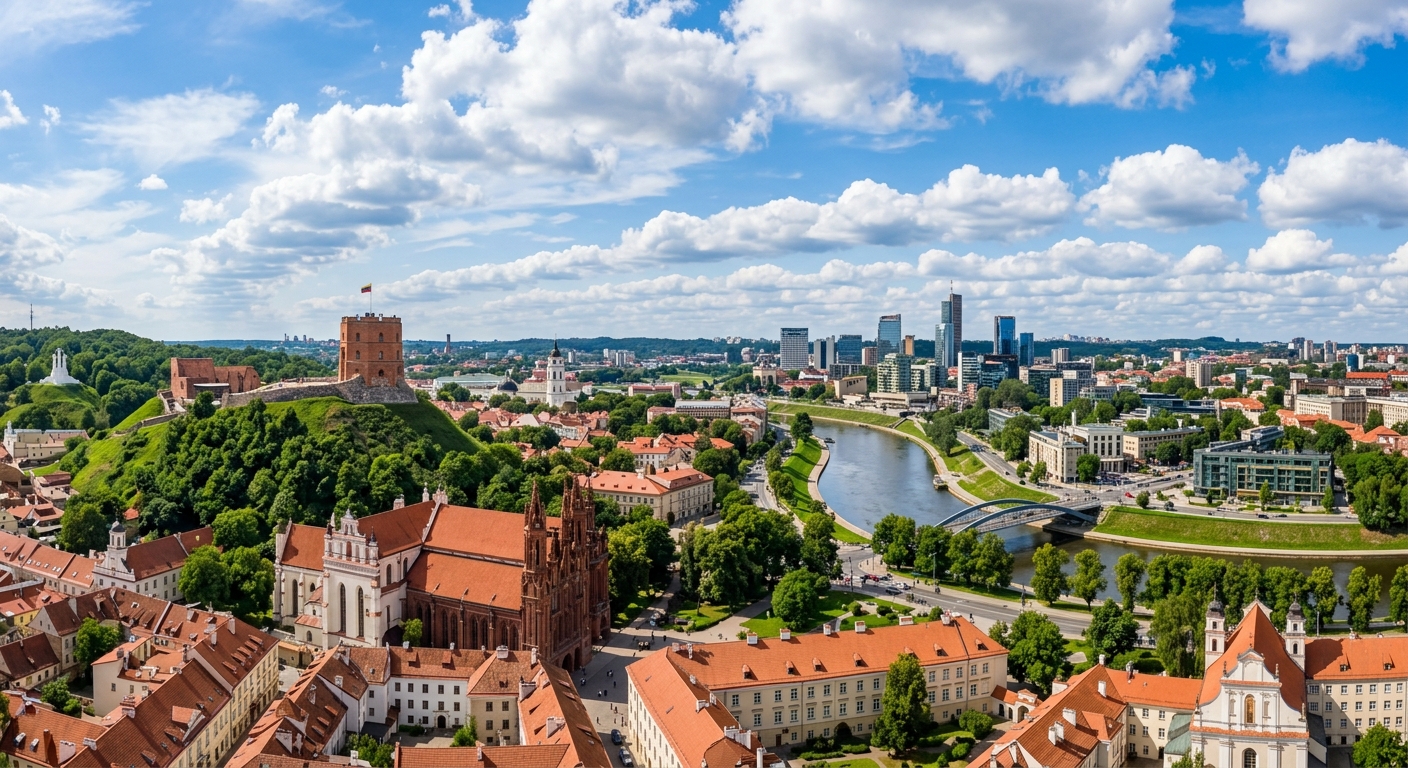 Vilnius city panoramic view, Gediminas Tower on the hill, Old Town rooftops, Neris River, mix of historic and modern architecture, green parks, blue sky with scattered clouds