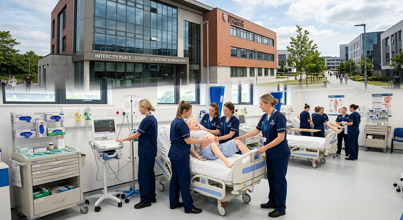 University of Plymouth campus with modern InterCity Place healthcare teaching building, students in clinical simulation lab practicing midwifery skills with mannequins, bright professional environment with medical equipment