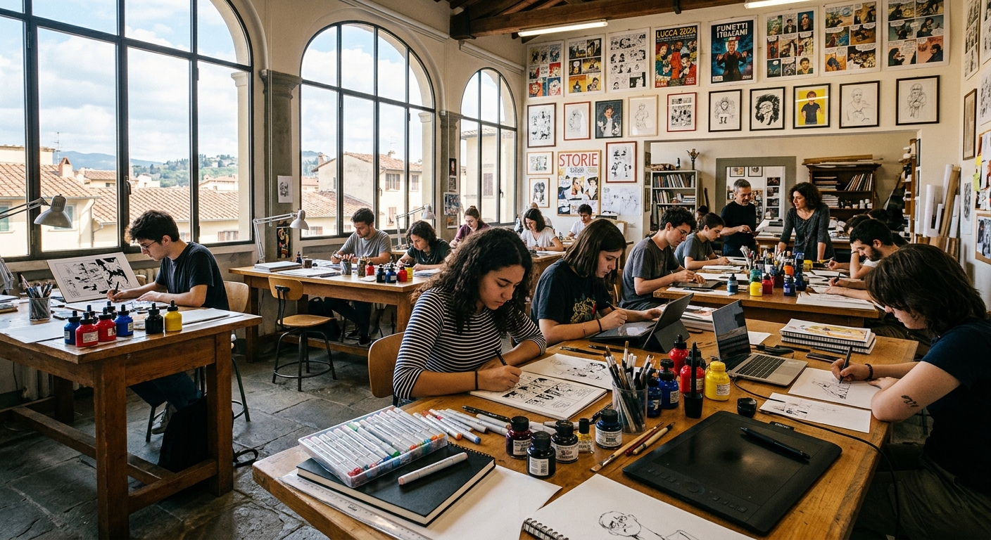 Modern art academy studio in Italy with students drawing at large illustration desks, comic book panels displayed on walls, colorful ink bottles and digital drawing tablets visible, bright creative atmosphere with natural light streaming through large windows