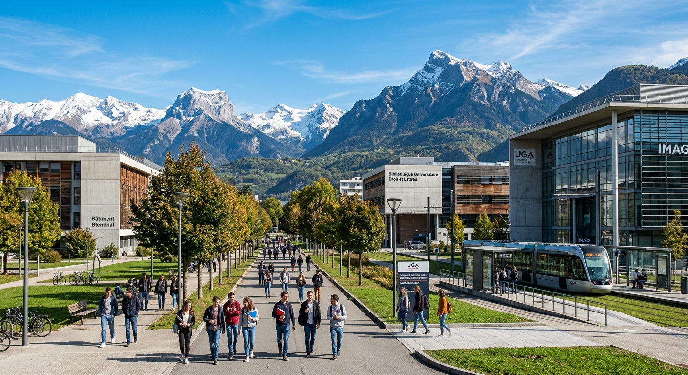 Université Grenoble Alpes campus with modern buildings surrounded by the French Alps, students walking along tree-lined pathways, clear sky with mountain backdrop, academic atmosphere