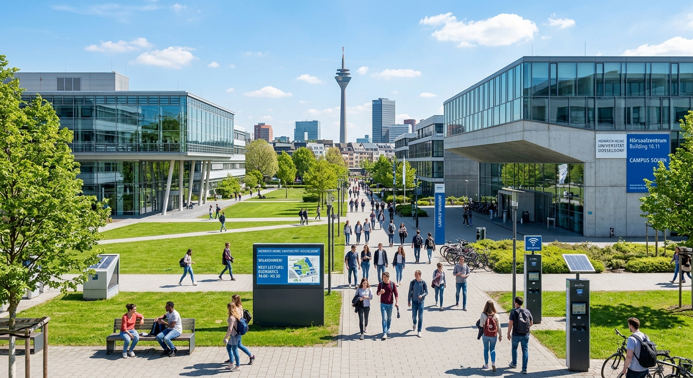 Modern campus of Heinrich Heine University Düsseldorf with contemporary architecture, green lawns, students walking between lecture buildings, digital technology elements subtly visible, clear sky over Düsseldorf cityscape in background