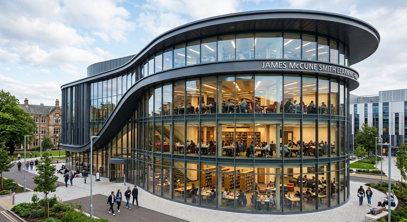 James McCune Smith Learning Hub at University of Glasgow, modern glass and steel building with curved facade, students studying inside visible through large windows