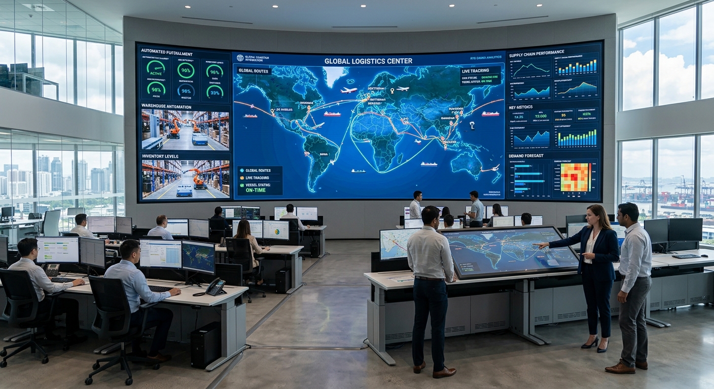 Modern digital logistics and supply chain operations center with interactive screens showing global shipping routes, warehouse automation systems, and data analytics dashboards, professional setting with natural light