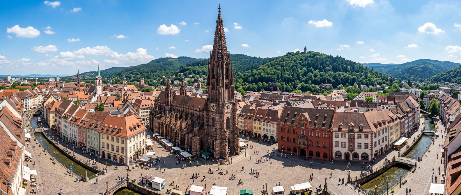 Panoramic view of Freiburg im Breisgau city center with the Gothic Freiburg Minster cathedral, colorful historic buildings, Bächle waterways, green hills and Black Forest in the background under sunny skies
