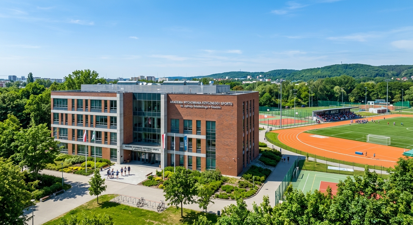 Gdansk University of Physical Education and Sport main campus building in Oliwa district, modern sports university surrounded by green trees, athletic fields visible in background, clear blue sky over Gdansk Poland