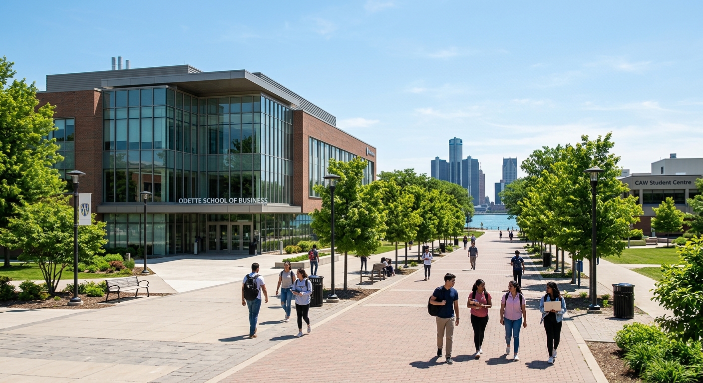 University of Windsor campus with the Odette School of Business building, students walking along tree-lined pathways, Detroit River visible in the background, modern academic architecture under clear blue sky