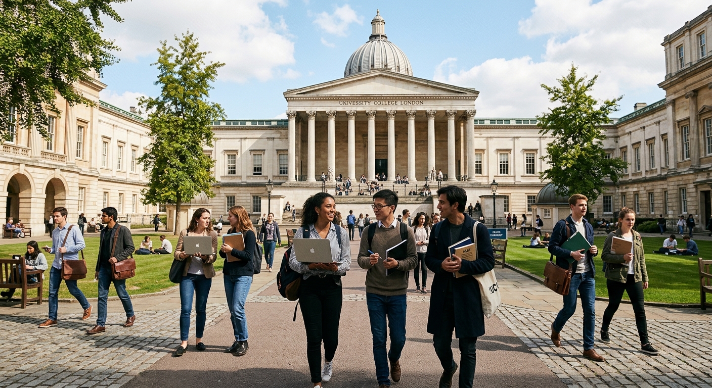 UCL University College London historic Bloomsbury campus with neoclassical portico and quad, students walking with laptops and notebooks, bright London daylight, academic atmosphere