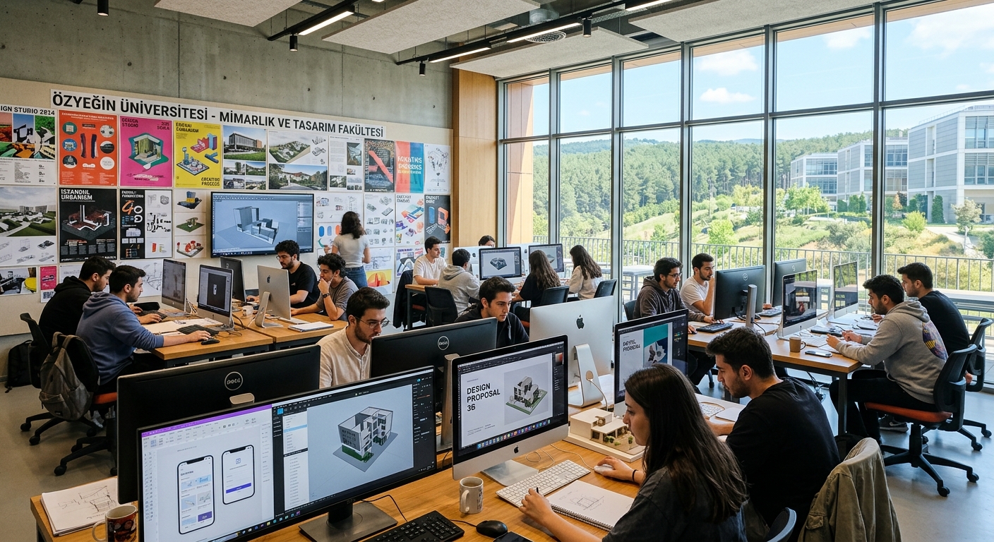 Modern design studio at Özyeğin University Çekmeköy campus in Istanbul, students working on digital design projects with large monitors, creative workspace with natural light, colorful design posters on walls