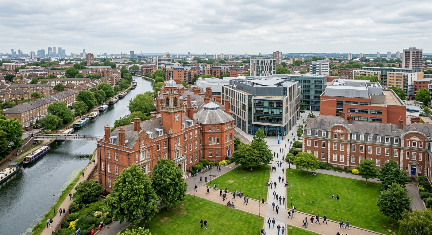 Queen Mary University of London Mile End campus wide shot, historic red-brick buildings alongside modern architecture, Regent's Canal visible, green lawns with students walking, overcast London sky