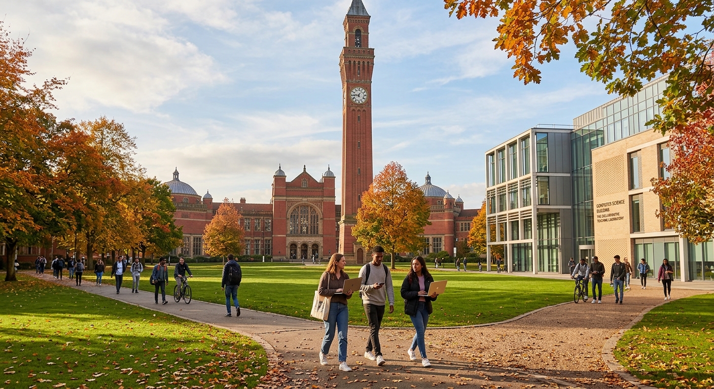 University of Birmingham historic red-brick campus with clock tower, green lawns, and modern computer science building, students walking with laptops, autumn light filtering through trees