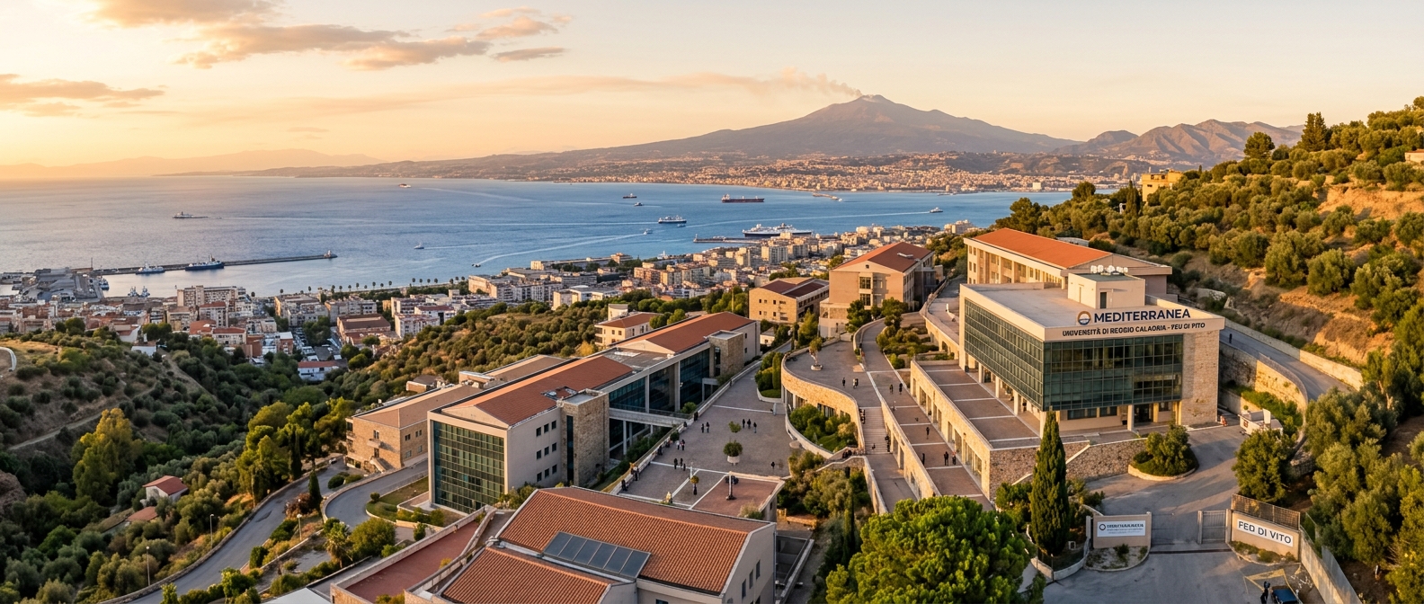 Panoramic view of Mediterranea University of Reggio Calabria Feo di Vito campus, modern academic buildings set against Mediterranean hillside, Strait of Messina and Sicily visible in the background, warm golden hour light