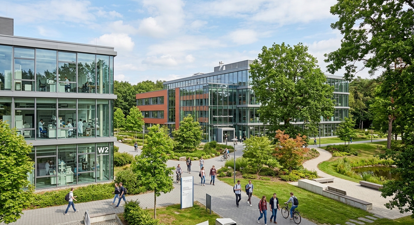 Wechloy Campus of the University of Oldenburg, science buildings with large glass facades, modern laboratory facilities surrounded by trees and green spaces