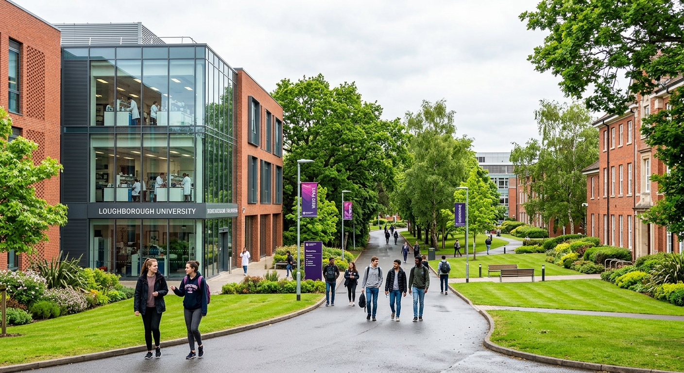 Loughborough University campus with modern engineering building, green landscaped grounds, students walking along tree-lined paths, red brick architecture with glass-fronted laboratories, bright overcast English sky