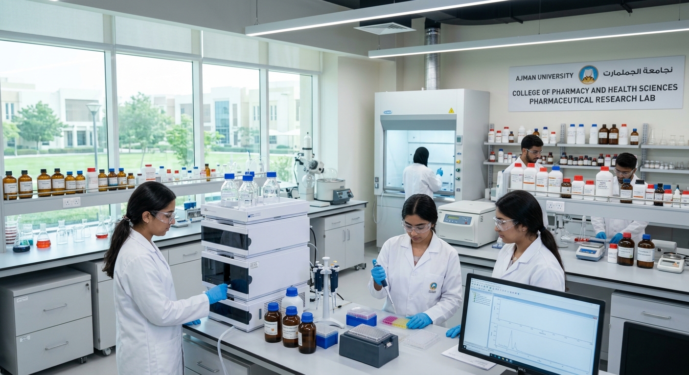 Modern pharmacy laboratory at Ajman University with students in white lab coats conducting pharmaceutical research, clinical equipment and medicine bottles visible, bright and professional setting in the UAE