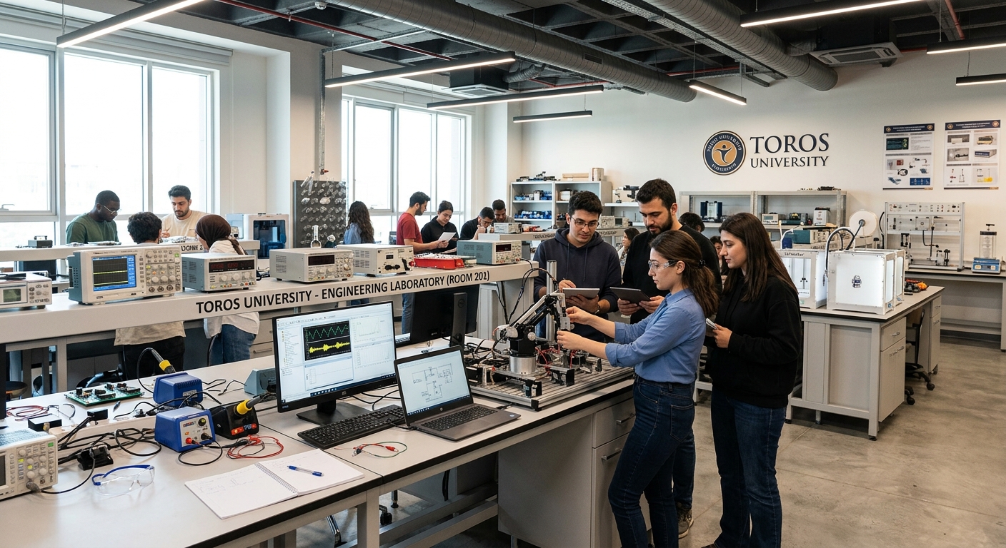 Toros University engineering laboratory with modern equipment, computers, and students conducting experiments in a bright, well-lit room