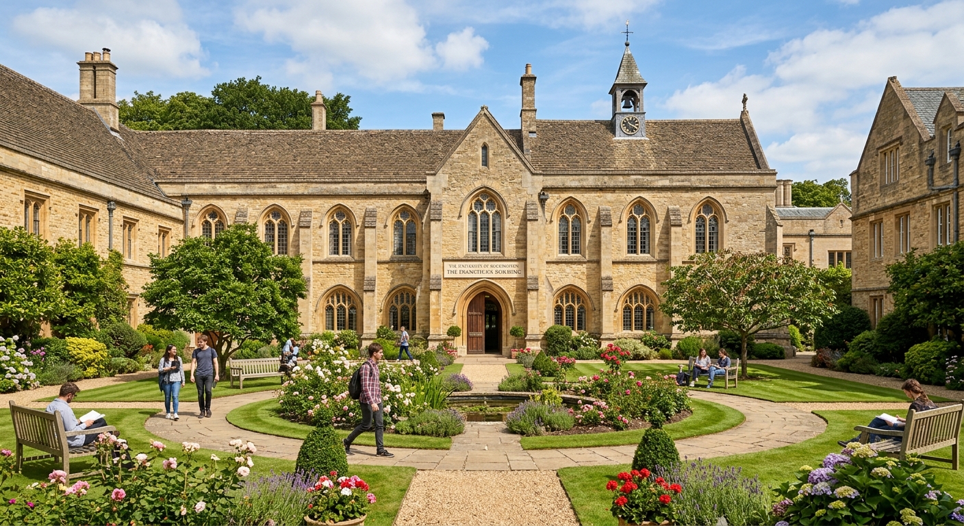 The Franciscan Building at the University of Buckingham, beautifully restored former friary with stone facade, arched windows, manicured courtyard garden