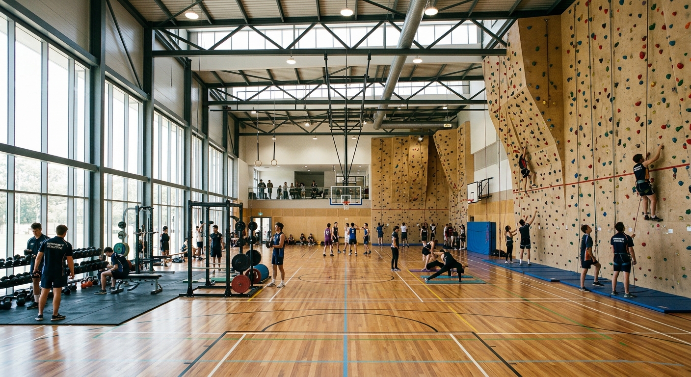 University sports hall interior with climbing wall, gymnasium equipment, wooden floor, high ceilings, natural light through large windows