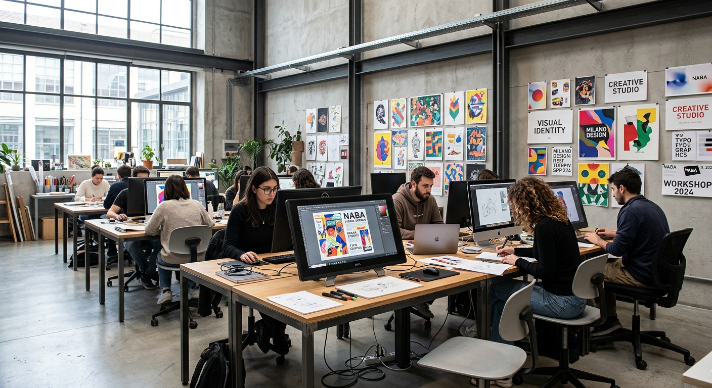 Modern creative studio at NABA Milan campus, students working on visual design projects with large digital screens, colorful illustrations and typography samples displayed on walls, bright contemporary interior with industrial design elements