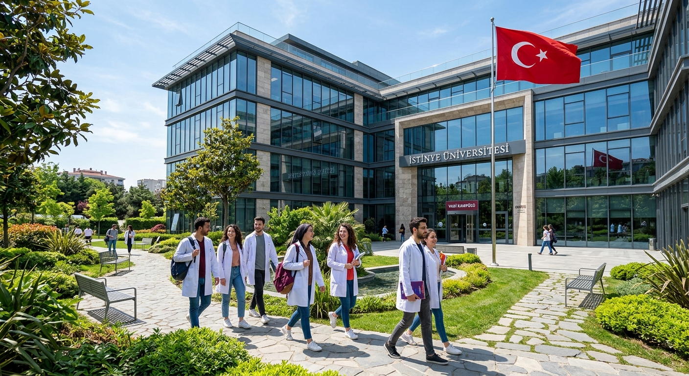 Modern Istinye University campus building in Istanbul with glass facade, pharmacy students walking through landscaped courtyard, Turkish flag visible, bright sunny day