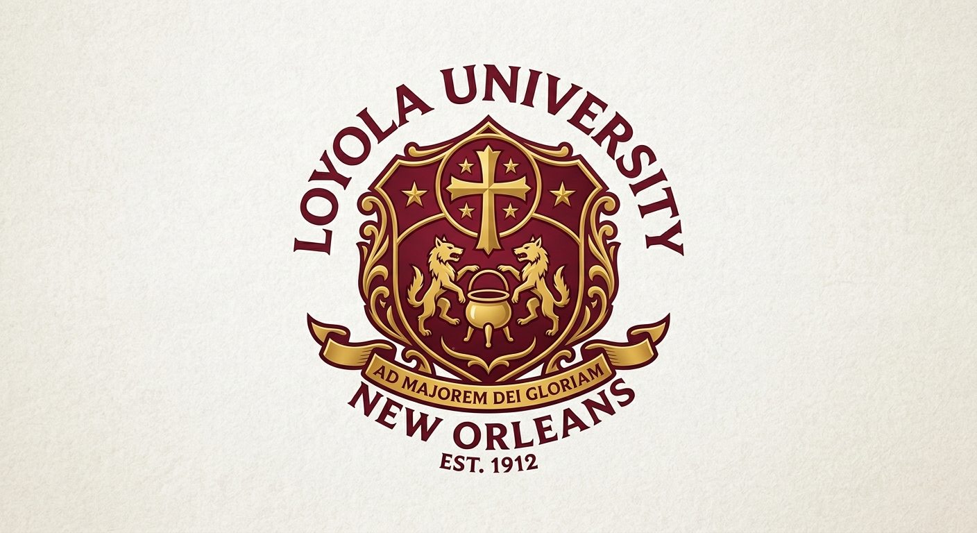 Loyola University New Orleans official logo featuring the university shield with Jesuit cross and wolf pack emblem in maroon and gold