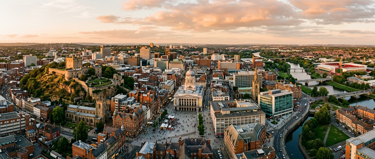 Panoramic view of Nottingham city skyline featuring Nottingham Castle on the hilltop, the Old Market Square, historic buildings mixed with modern architecture, River Trent in the distance, golden hour lighting