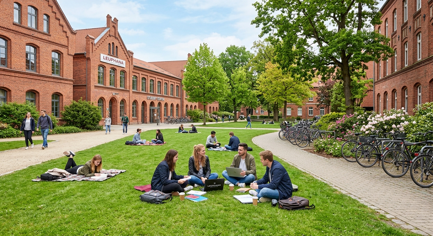 Leuphana University campus green courtyard with students studying on lawns between renovated red brick buildings, bicycles parked along pathways