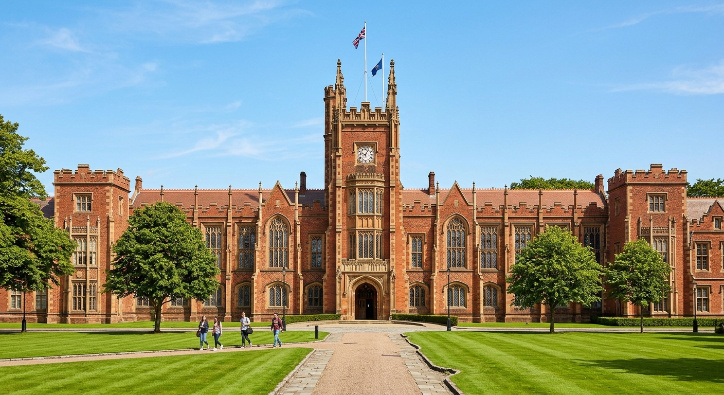 The Lanyon Building at Queen's University Belfast, red brick Gothic Tudor architecture with central clock tower, ornate arched windows, green lawn foreground, clear day