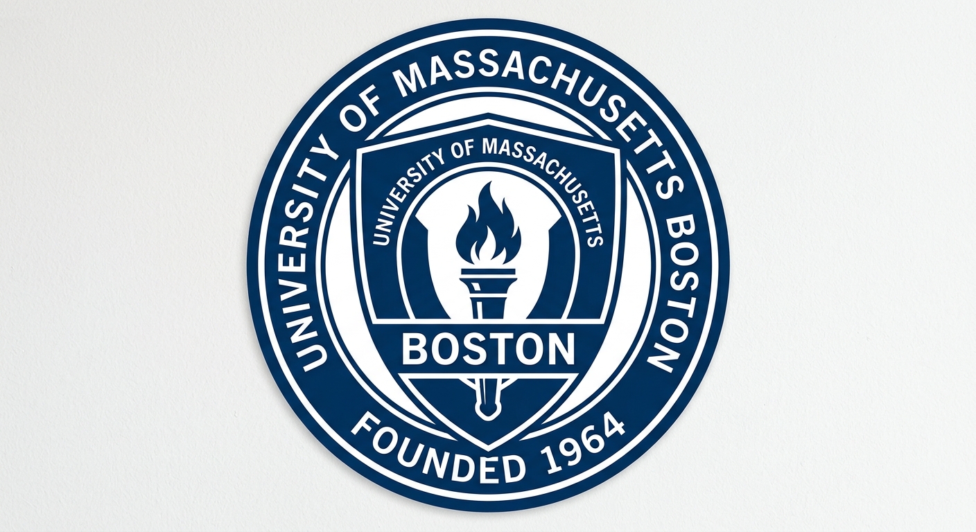 University of Massachusetts Boston official logo, blue and white shield emblem with torch symbol and UMass Boston text